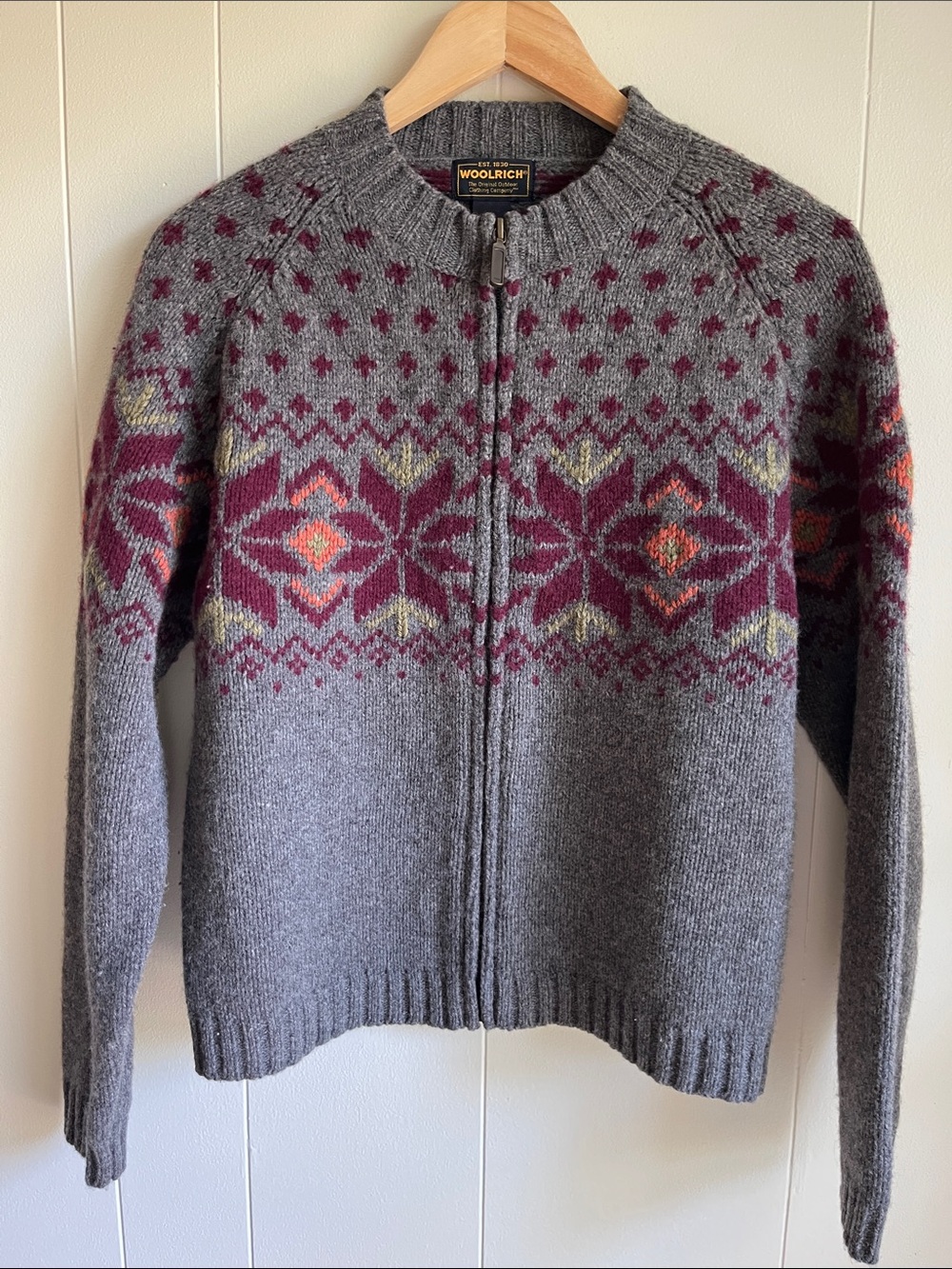 Woolrich Women’s Grey Zip-Up Fair Isle 100% Lambswool Snowflake Sweater Sz Med